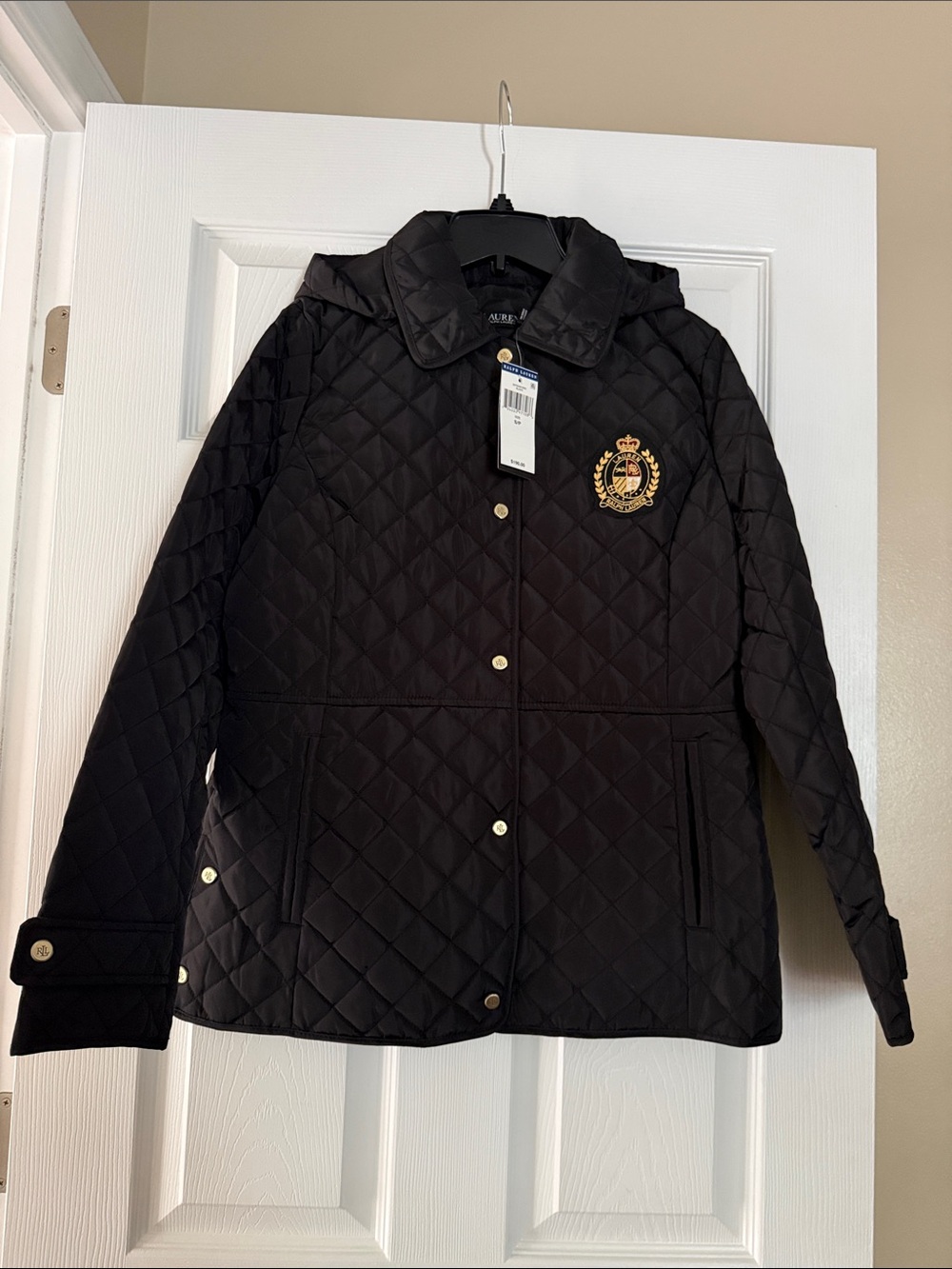 Ralph Lauren Black Quilted Jacket with Gold Crest Embroidery